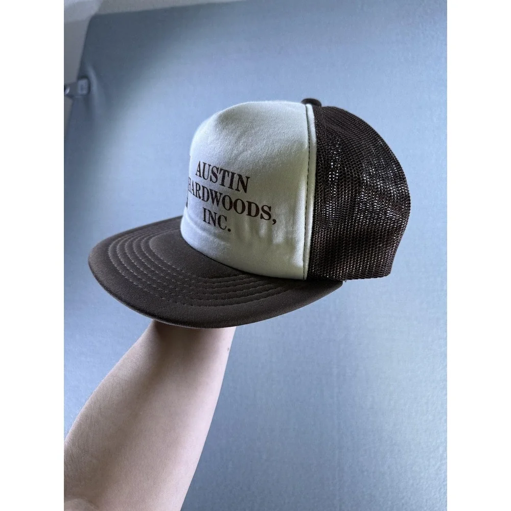 Vintage‎ Austin Hardwoods Hat Cap Snap Back Mens One Size Brown Trucker Mesh 80s